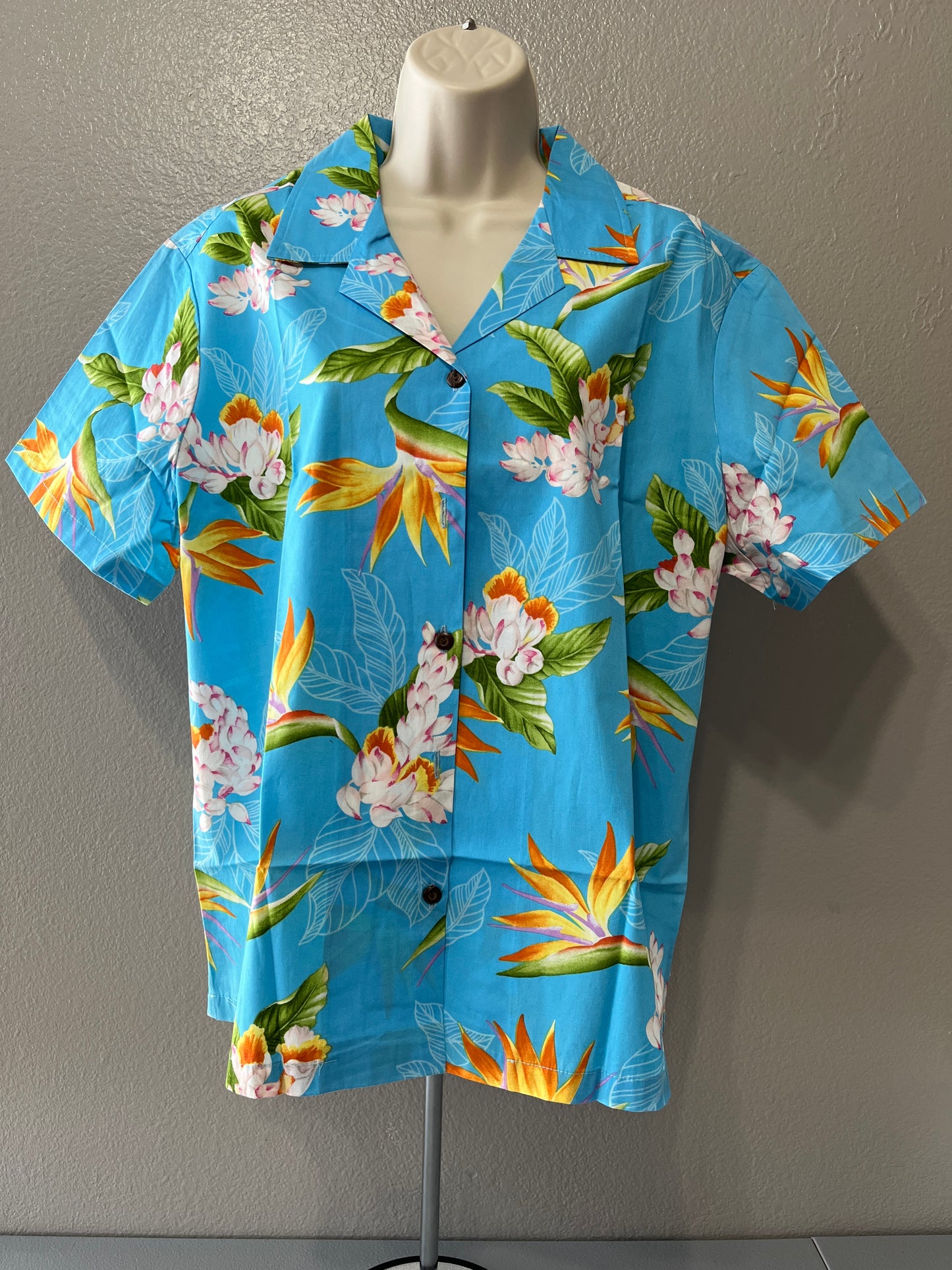 Women’s Baby Blue Bird Of Paradise Aloha Shirt